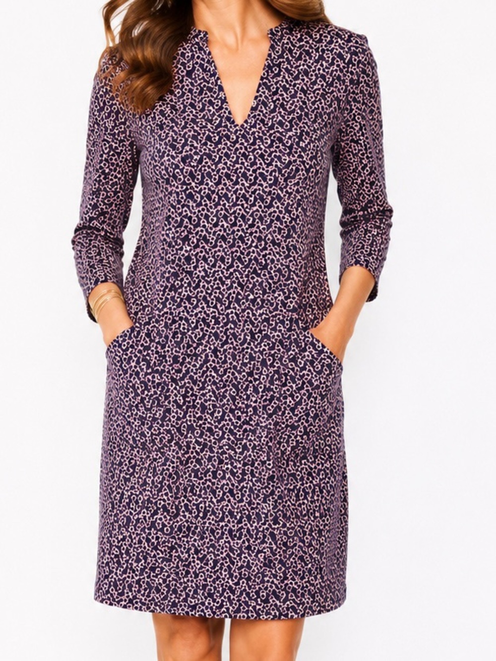 Boden Navy Pink Geometric Jersey Dress Size 8R Stretch Pockets